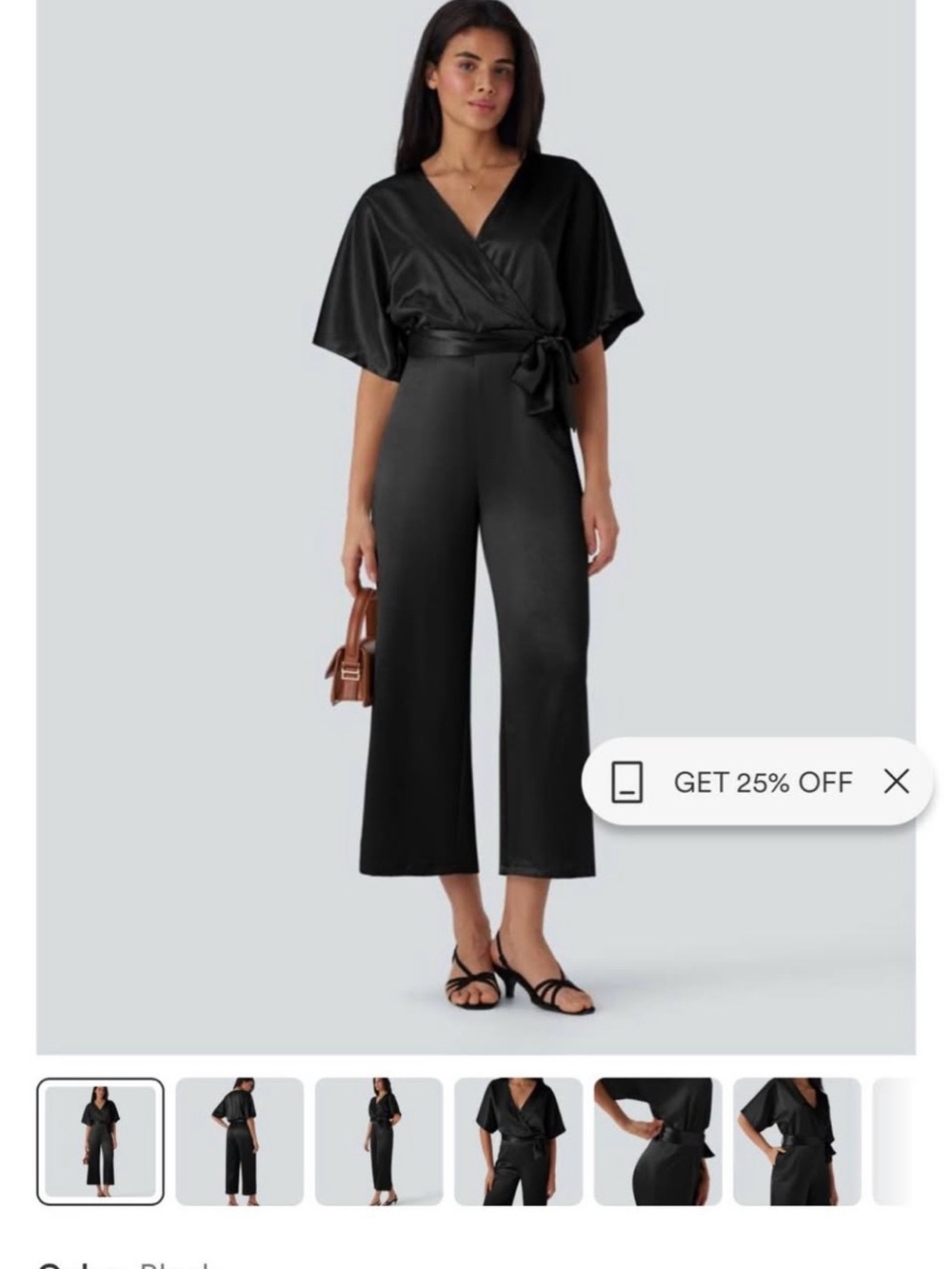 HALARA Black Satin Wrap Jumpsuit with Tie Waist